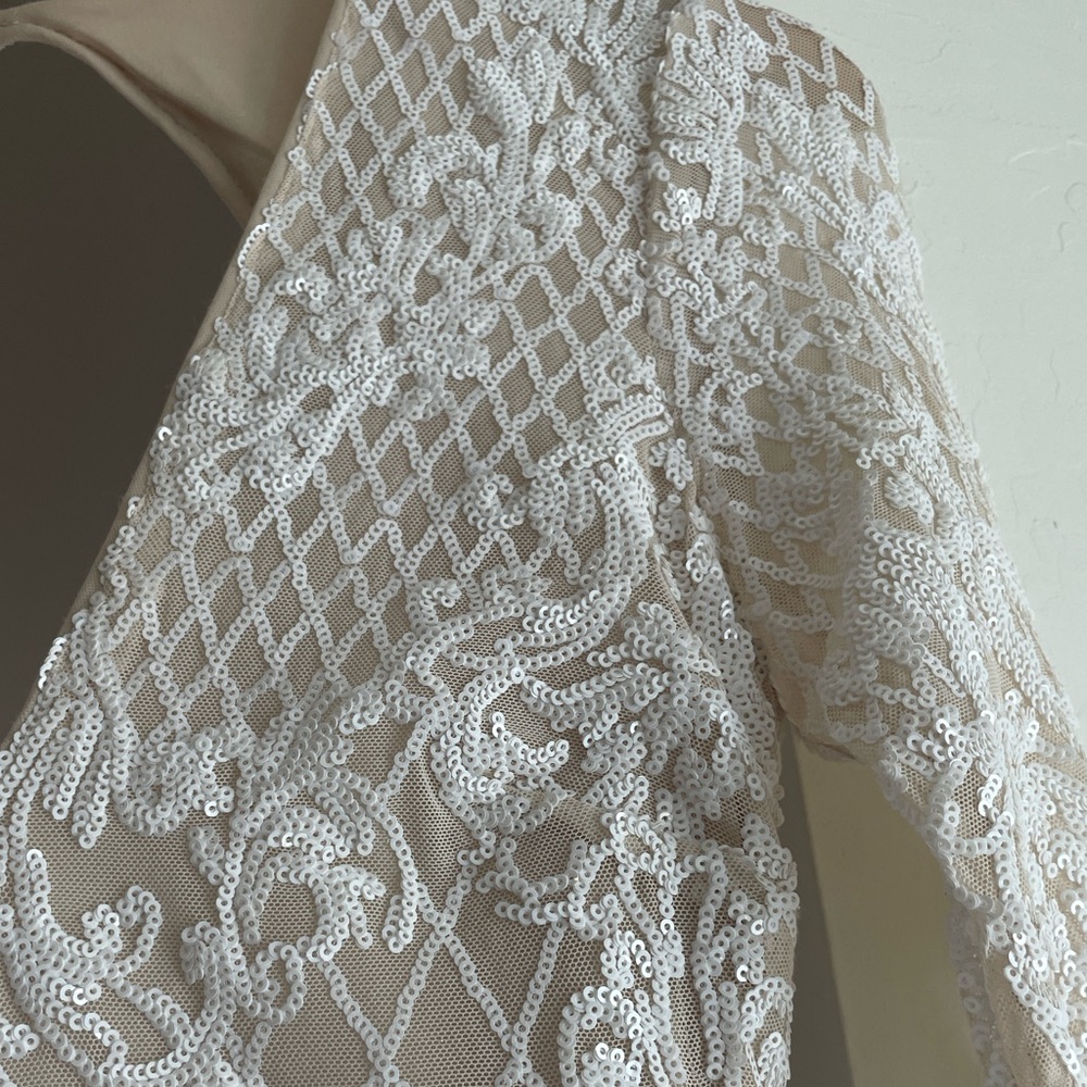 Wedding Dress long sleeve open back v neck, white and nude beaded embroidered - Picture 9 of 10